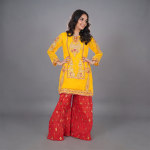 Sunshine Yellow & Crimson Red Embroidered  Suit