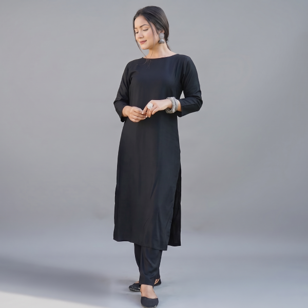 Elegant Black Solid Kurta with Matching Trousers Set