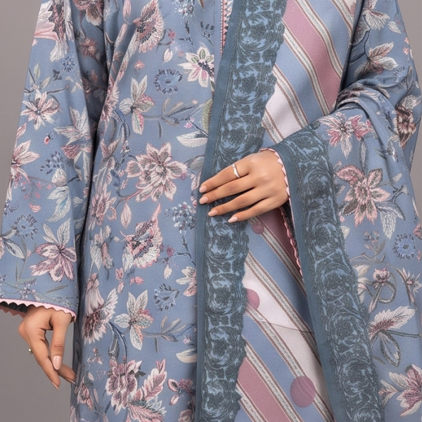 Grey Floral Embroidered Lawn Co-ord Set with Striped Dupatta