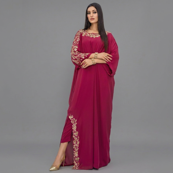 Majestic Maroon Embroidered Kaftan Suit with Gold Zari