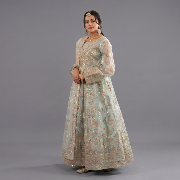 Embellished Pastel Mint Anarkali Set