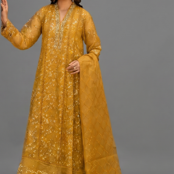 Mustard Yellow Minimalist Embroidered Organza Co-ord Set