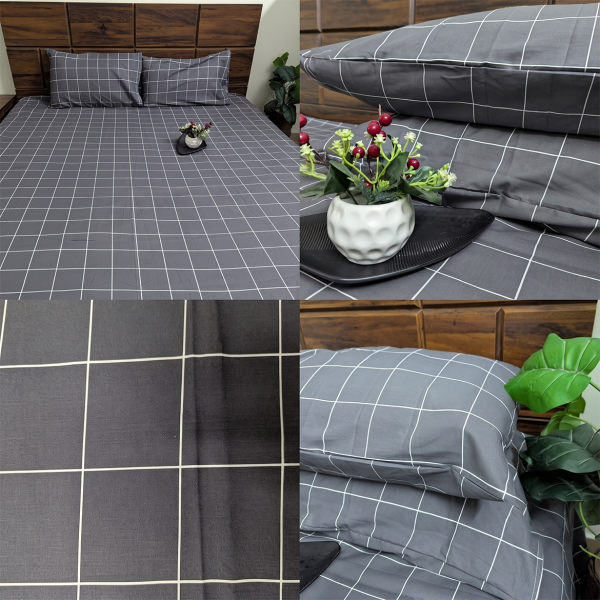 Charcoal Grid  Cotton Double Bedsheet With Pillow Set