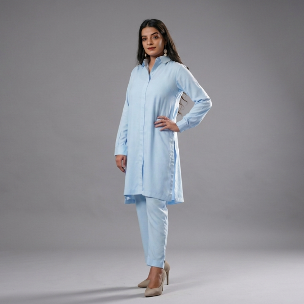 Elegant Sky Blue Cotton-Satin Co-Ord Set