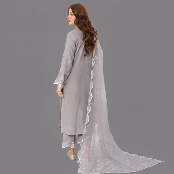 Celestial Dove Grey Organza Ensemble with Silver Chikankari Embroidery