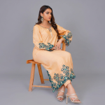Peach Nectar Silk Tunic with Teal Botanical Embroidery