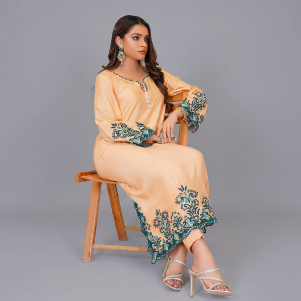Peach Nectar Silk Tunic with Teal Botanical Embroidery