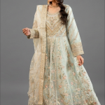 Mint Green Minimalist Floral Embroidered Organza Anarkali Set