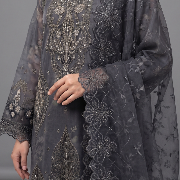 Charcoal Grey Embroidered Organza Three-Piece Suit