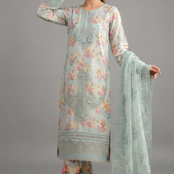 Mint Green Floral Embroidered Lawn Ensemble with Embellished Organza Dupatta