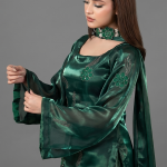 Emerald Green Minimalist Silk Co-ord Set with Floral Embellishments