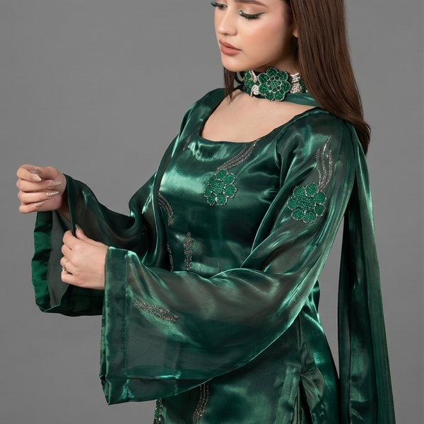 Emerald Green Minimalist Silk Co-ord Set with Floral Embellishments