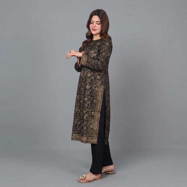 Charcoal Black & Antique Gold Metallic Lattice 2-Piece Tunic Set