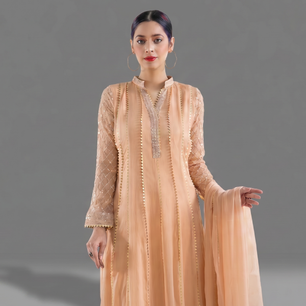 Peach Embellished A-Line Set