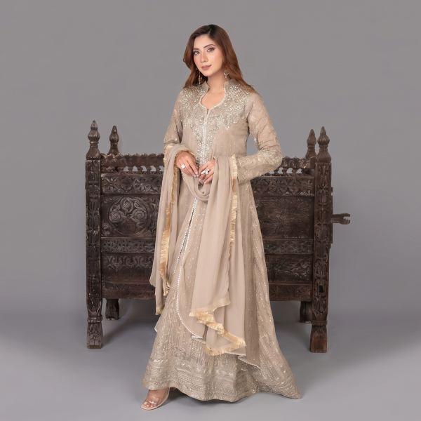 Manahil Embroidered Beige-Taupe  Festive Anarkali Set
