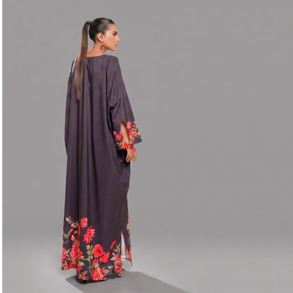 Charcoal Popp Floral Border Draped Kaftan Maxi