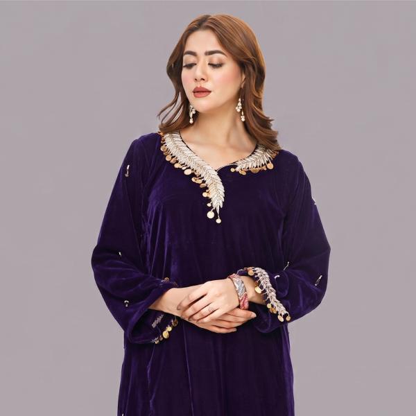 Majestic Grape Purple Velvet Tunic with Ornate Coin & Leaf Embellishments