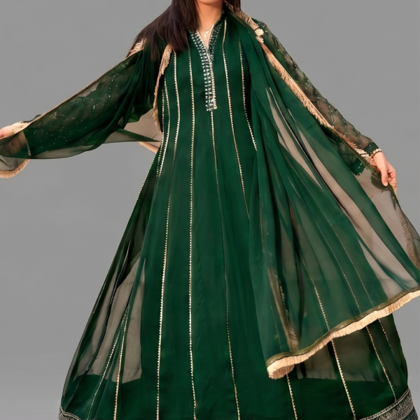 Emerald Green Minimalist Gota-Work Anarkali Set