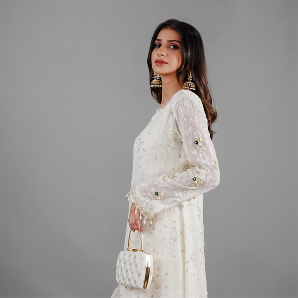 Ivory Embroidered Chiffon Kurti with Matching Trousers