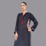 Midnight Black Scalloped Kurta Set with Fuchsia Pink Accents