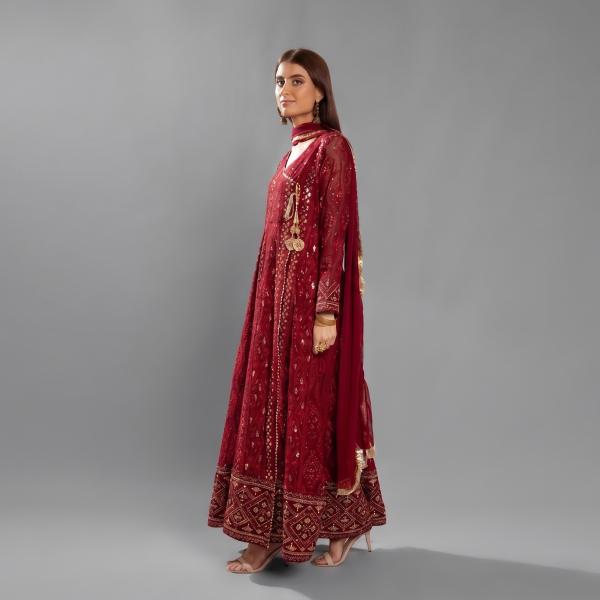 Manahil Embroidered  Maroon 3-Piece Festive Kalidaar Set