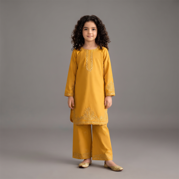 Mustard Gold Embroidered Girls’ 2-Piece Suit