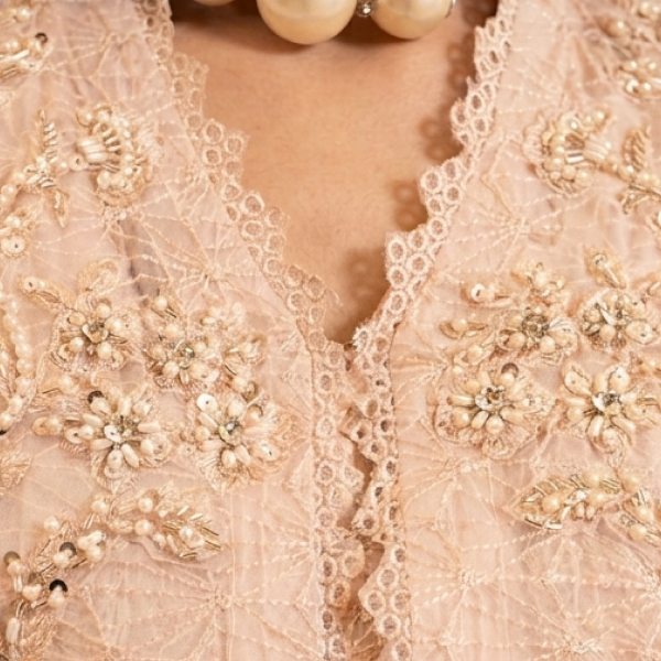 Peach Organza Embellished Kurta with Wide-Leg Trousers and Dupatta Set