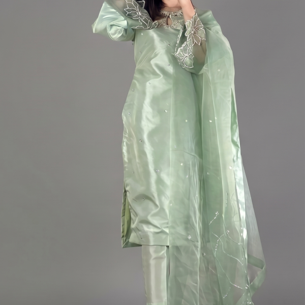 Mint Green Minimalist Silk Co-ord Set with Floral Threadwork