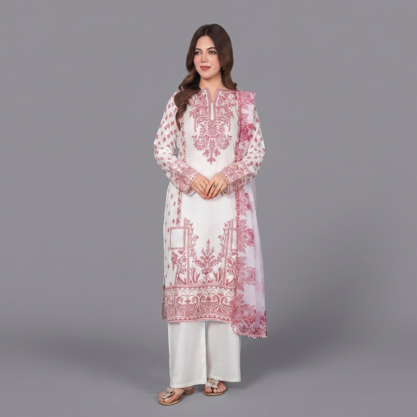 Women’s Off-White Printed Kurta with Pink Border Details and Organza Dupatta
