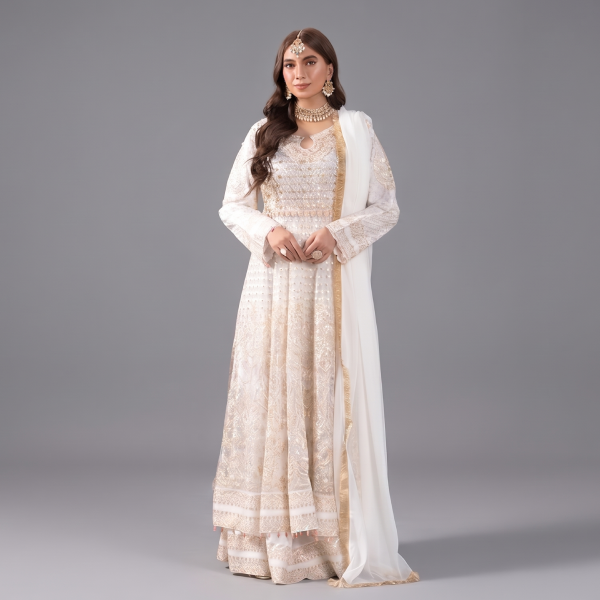 Radiant Ivory and Gold Embellished Anarkali Set