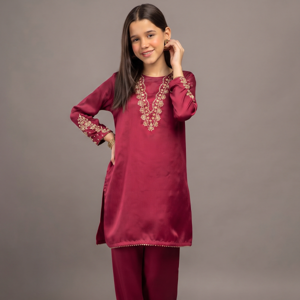 Maroon Elegance Embroidered Girls' Kurta & Shalwar
