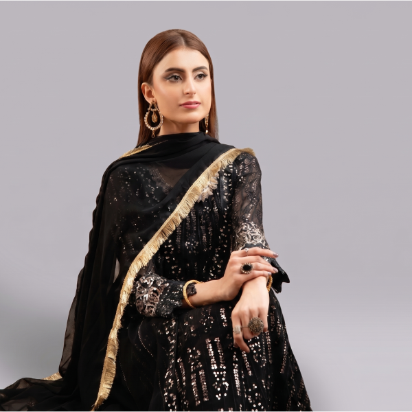 Manahil Shimmering Crimson Black 3-Piece Festive Sequin Gown Set