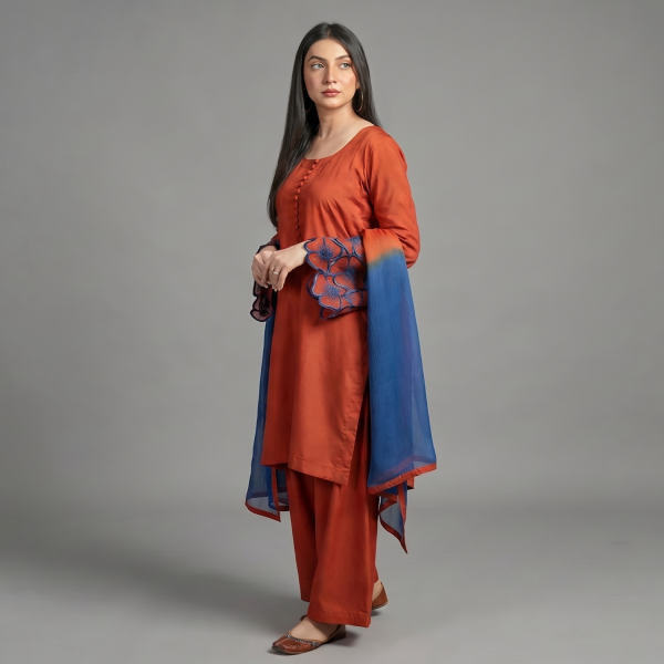 Elegant Rust-Orange Embroidered Co-ord Set with Contrast Blue Dupatta