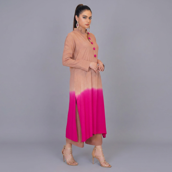 Muted Taupe & Fuchsia Dip-Dye Tunic Set