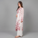 Women’s Off-White Printed Kurta with Pink Border Details and Organza Dupatta