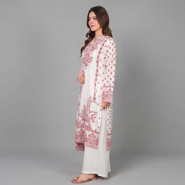Women’s Off-White Printed Kurta with Pink Border Details and Organza Dupatta