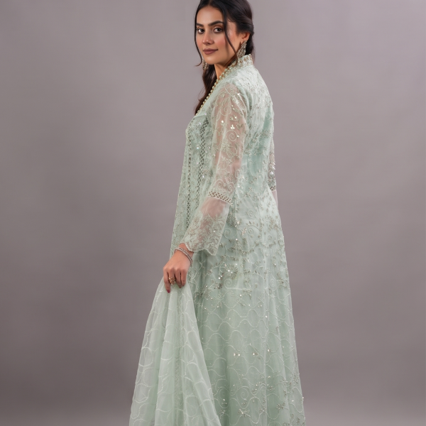 Mint Elegance Embroidered Anarkali with Organza Dupatta