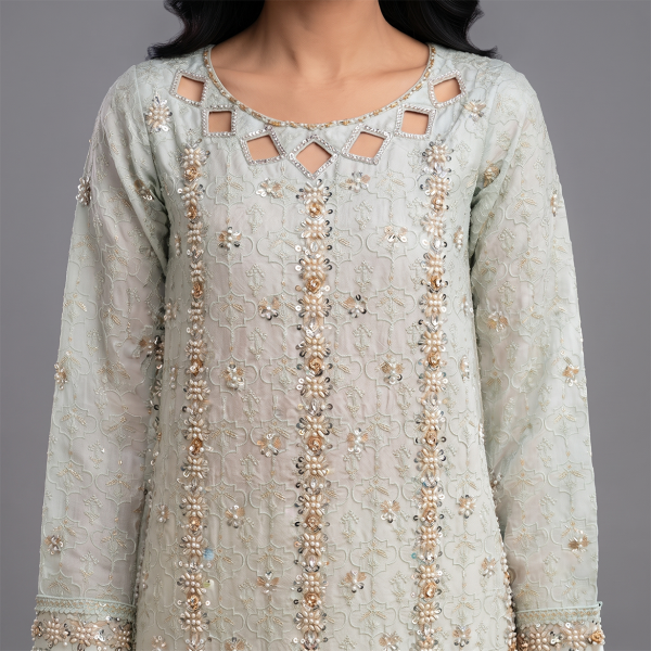 Mint Green Embroidered Net Kurta Suit