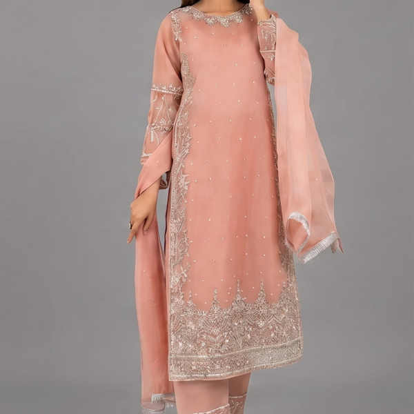 Dusty Peach Embellished Kurta with Matching Trousers