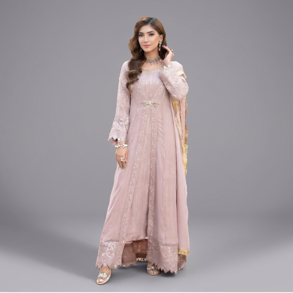 Manahil Embroidered Lilac Blush 3-Piece Festive Organza Gown Set