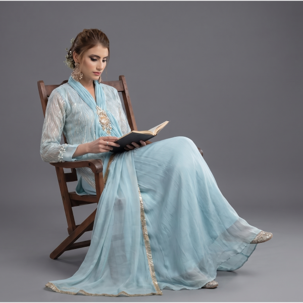 Elegant Powder Blue Embellished Anarkali Suit Set