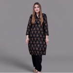 Black and Gold Floral Printed Kurta with Plain Trousers Set