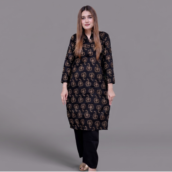 Black and Gold Floral Printed Kurta with Plain Trousers Set