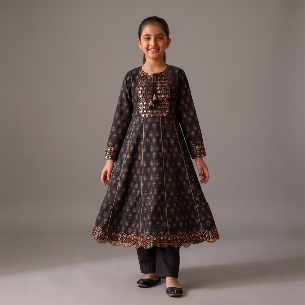 Midnight Black Embroidered Anarkali Suit for Girls