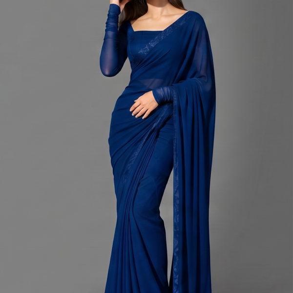 Midnight Navy Minimalist Draped Saree with Sequin Detailing