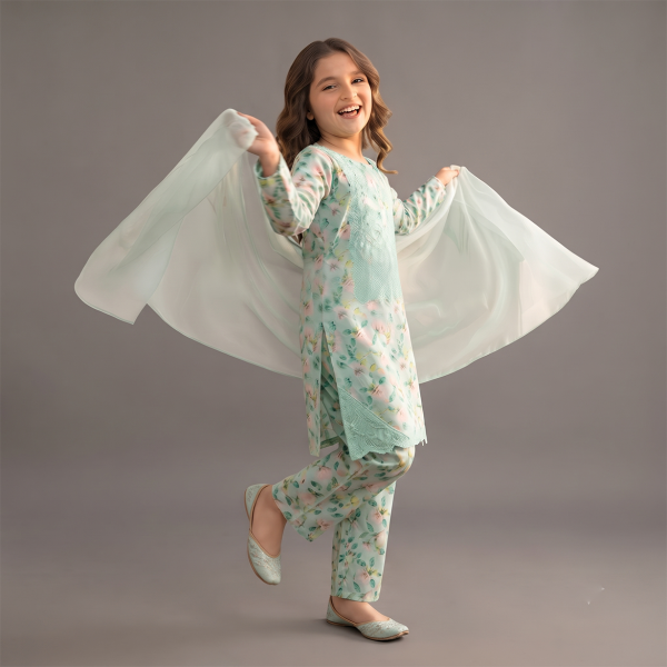 Mint Green Floral Embroidered Girls Suit