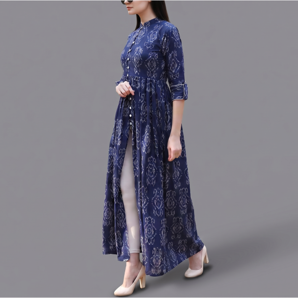 Indigo Ikat Printed Front-Slit Maxi Kurta