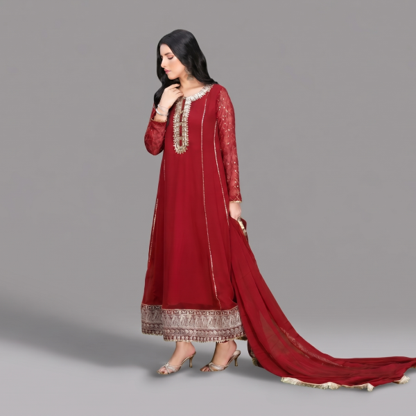 Crimson Red Heavily Embroidered Anarkali Suit Set