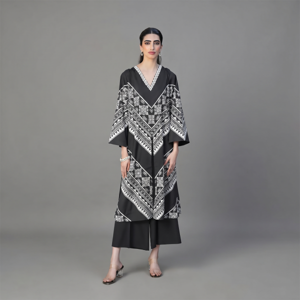 Black and White Geometric Printed Kaftan with Matching Pants