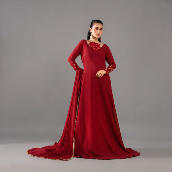 Crimson Red Embroidered Floor-Length Suit